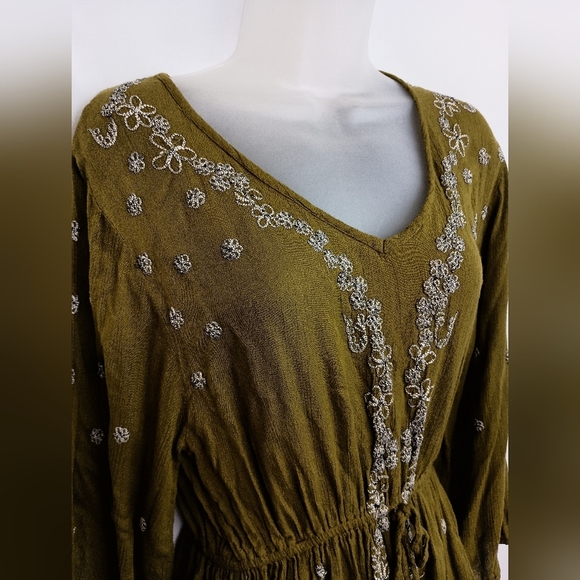 WORLD MARKET Olive Dress with Floral Embroidery Victorian,Cottage(#820) - Picture 4 of 8